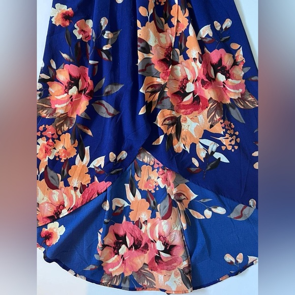 Dream of Me Women's Royal Blue Floral Hi-Low Faux Wrap Dress Medium Boho Summer - Picture 5 of 6